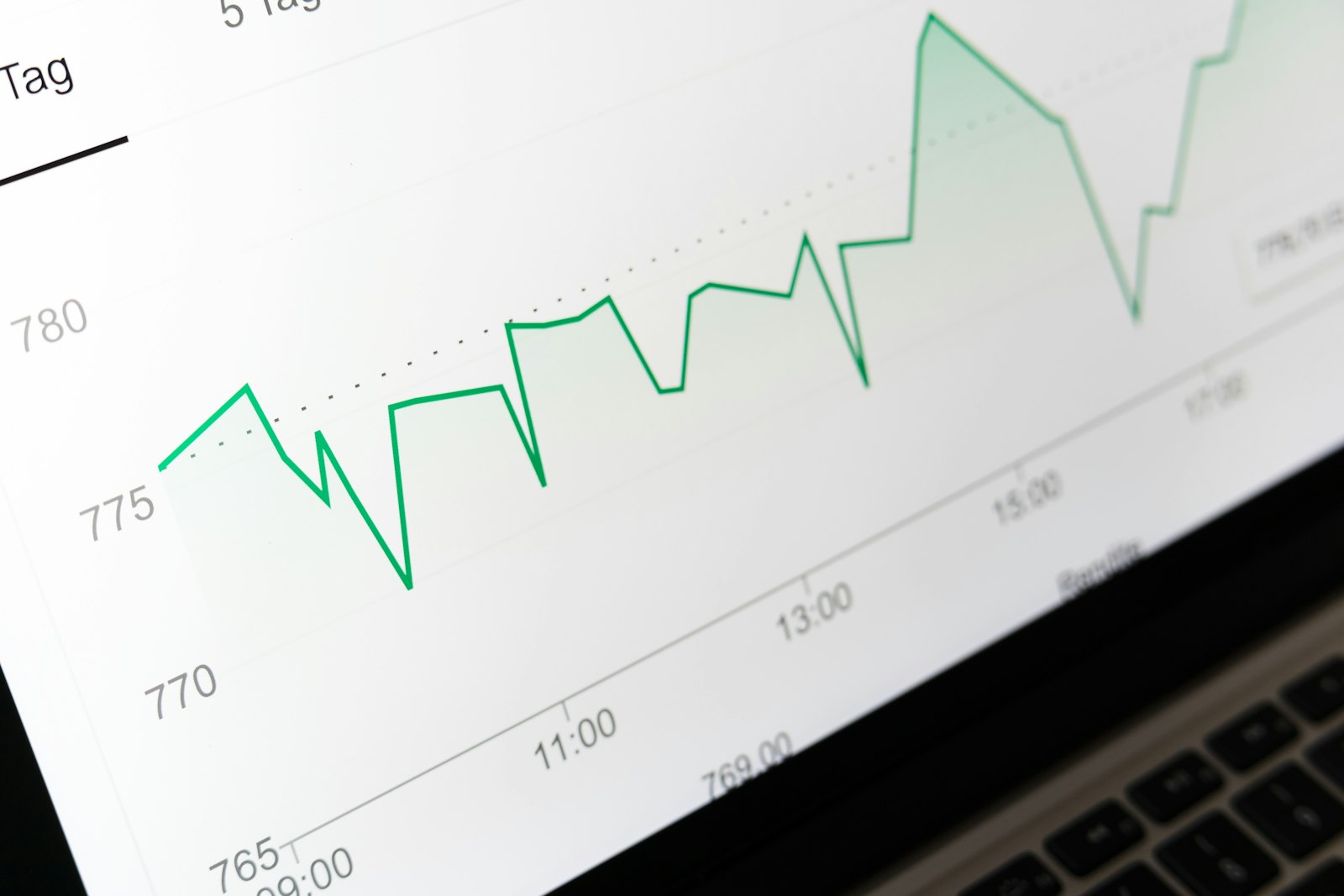 A laptop screen on a desk displaying a single green rising price line against a dark chart background